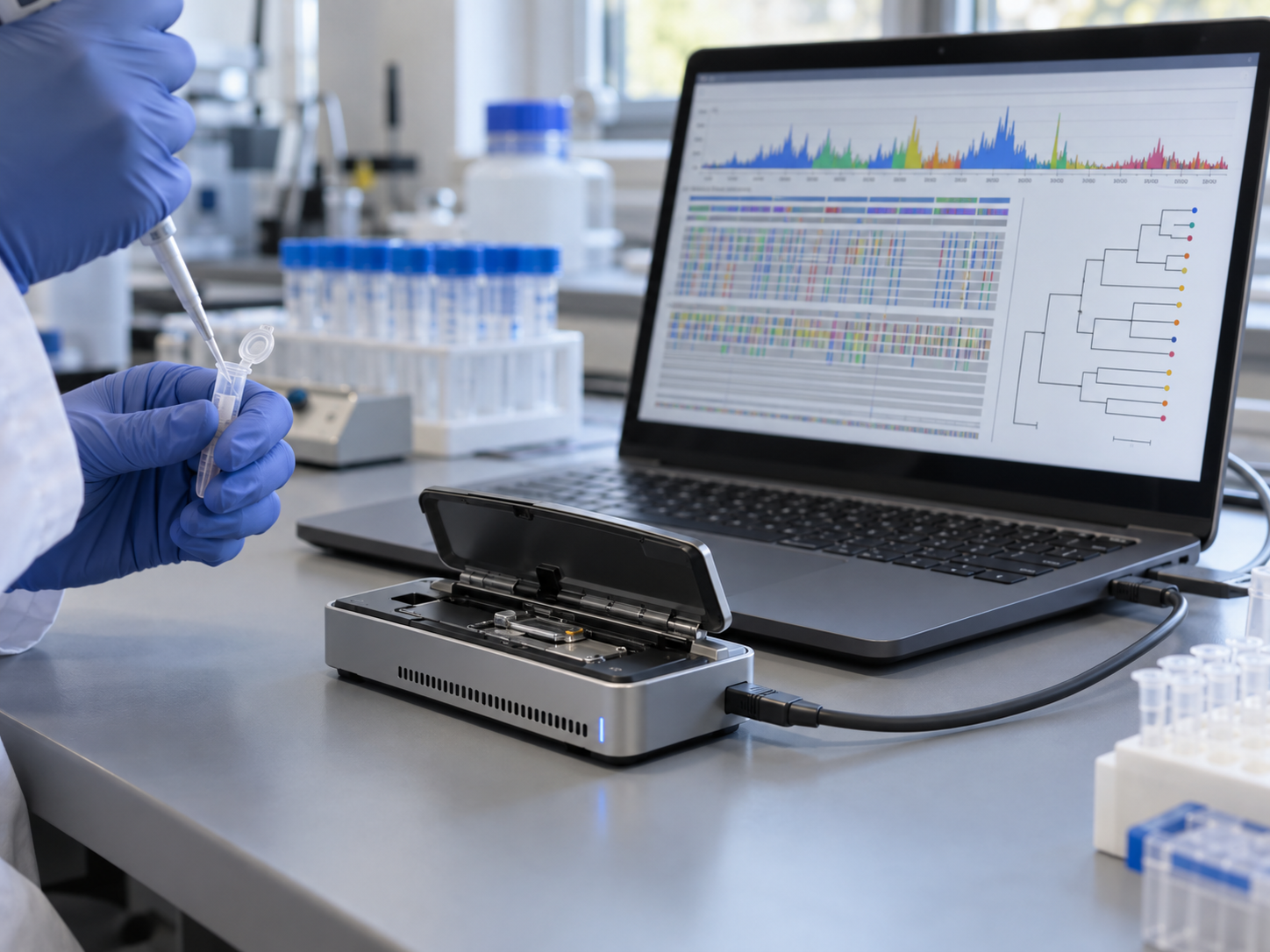 Illustrative image of a portable DNA sequencer connected to a laptop displaying sequence data and a phylogenetic tree